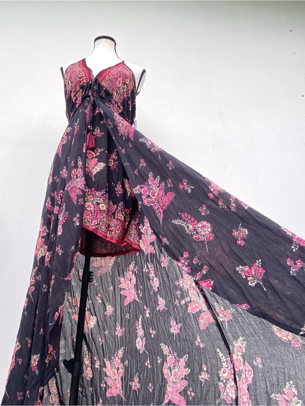 Angie Boho Whimsygoth Black & Burgundy Multicolor Floral Maxi Split Halter Large